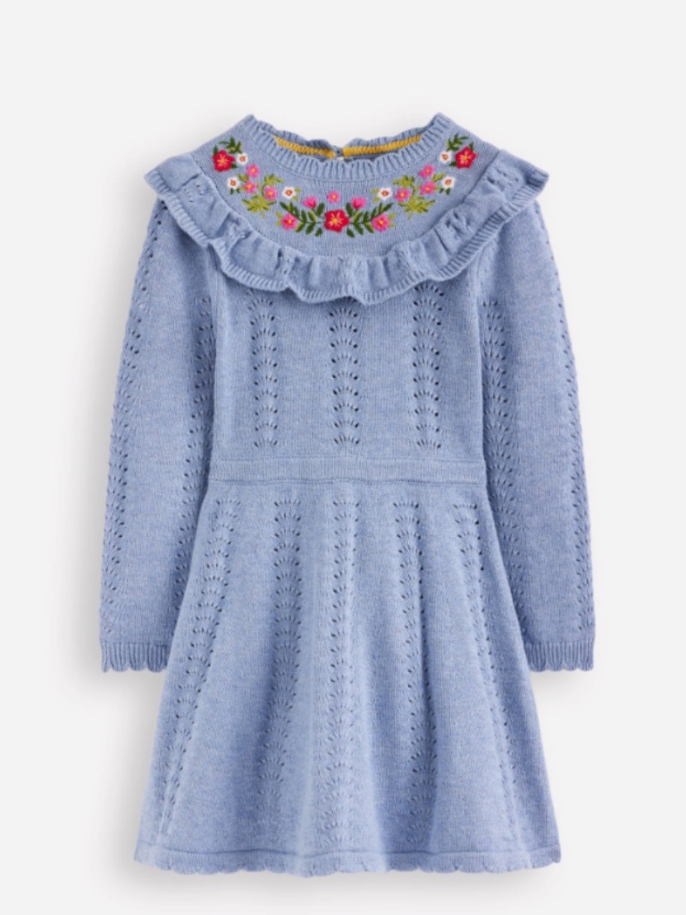 Mini Boden - Blue w/Pink Embroidered Flowers Pointelle Knitted Dress, Size 8-9y